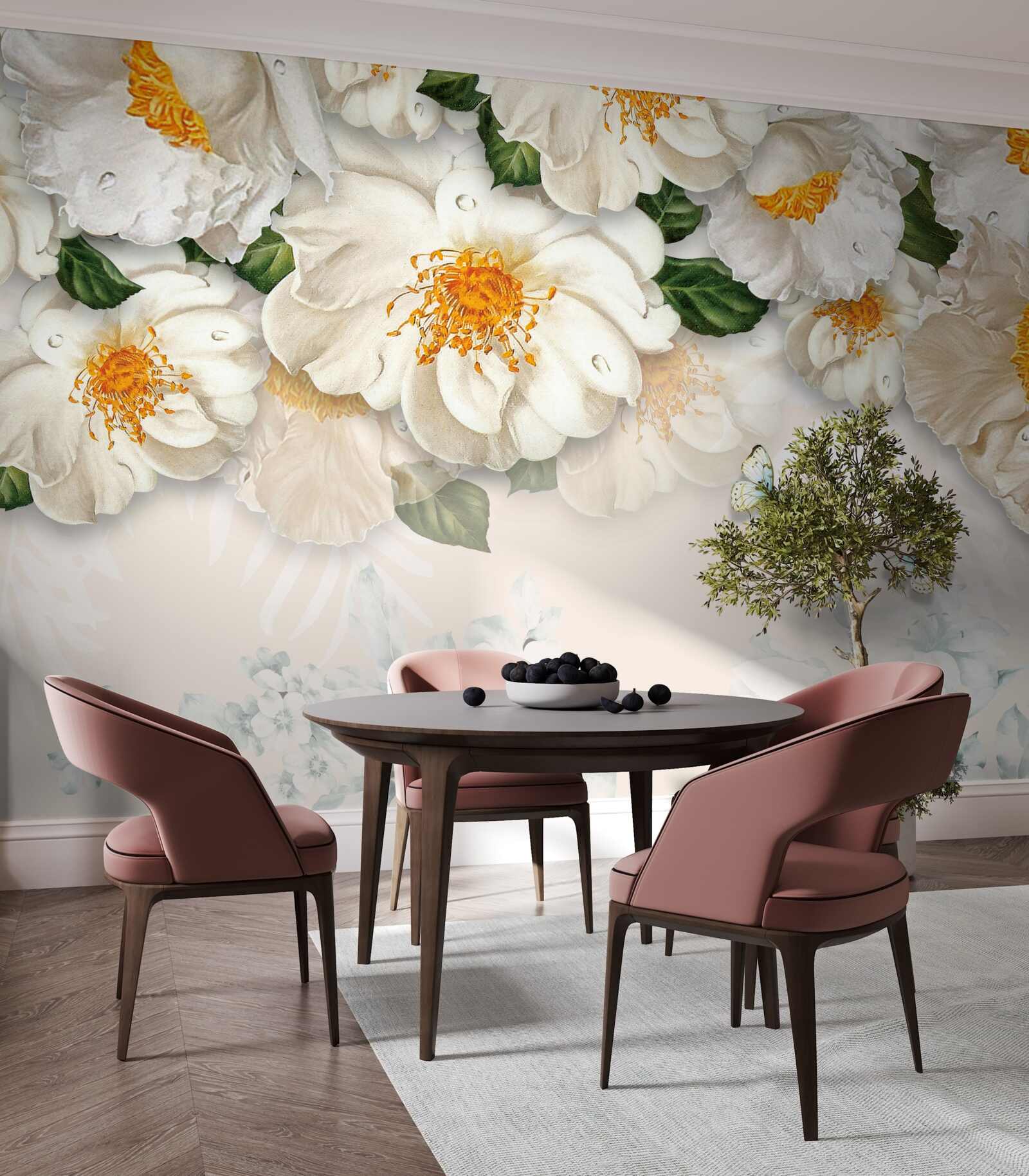 Fotobehang grote witte bloemen met een geel hart