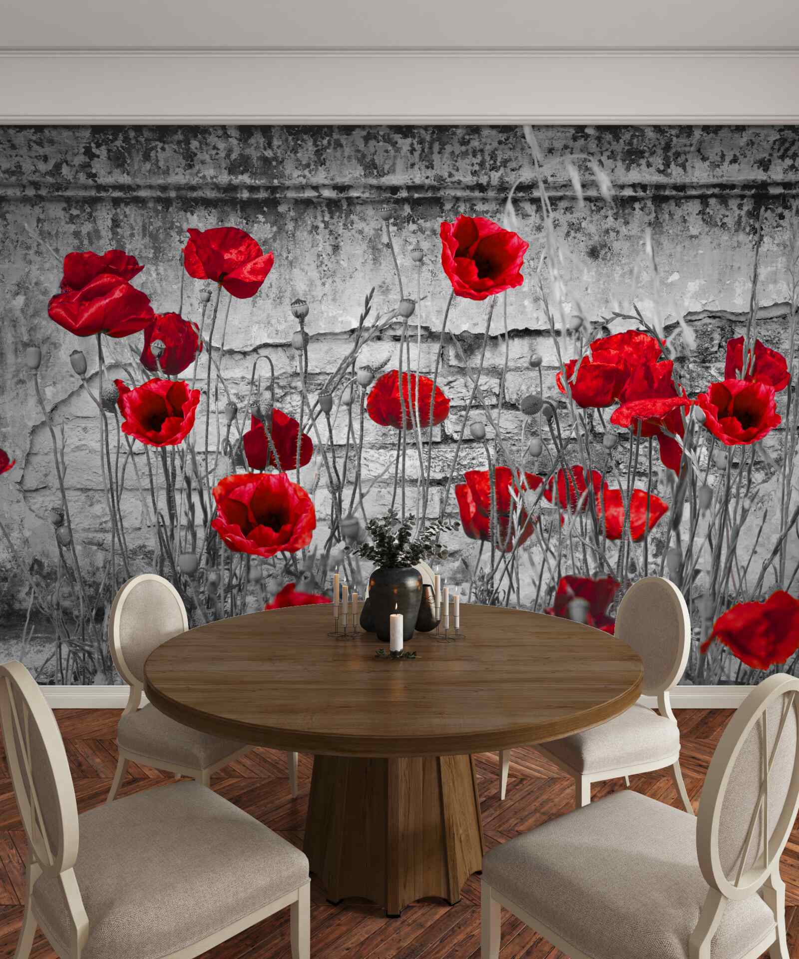 Fotobehang scharlaken klaprozen op een grijze achtergrond