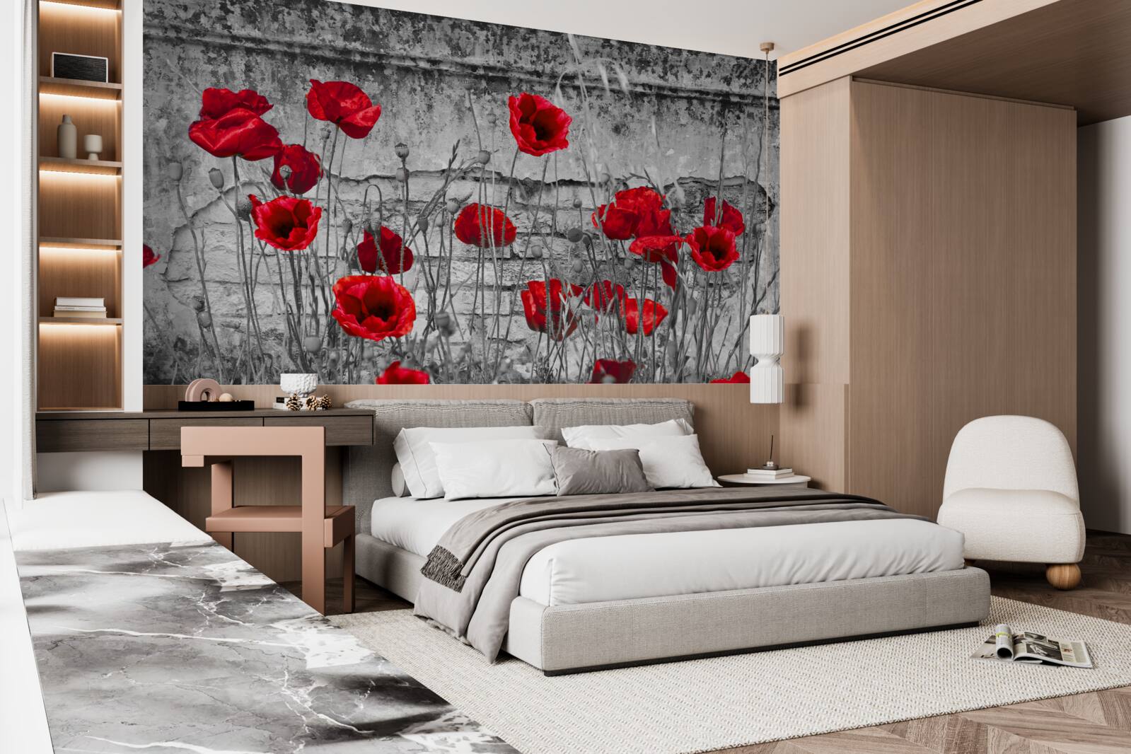 Fotobehang scharlaken klaprozen op een grijze achtergrond