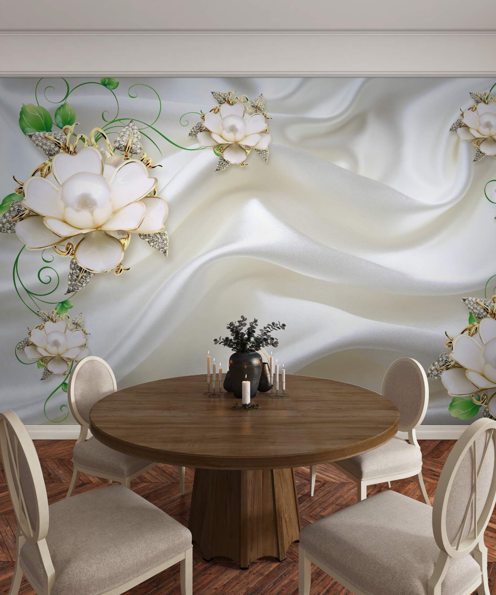 Fotobehang witte bloemen op een achtergrond van satijnwit