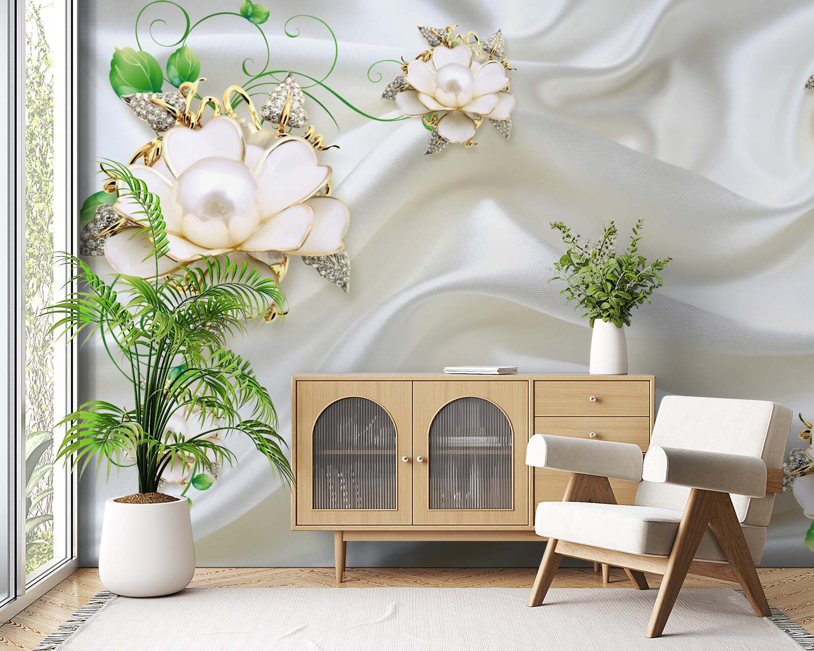Fotobehang witte bloemen op een achtergrond van satijnwit