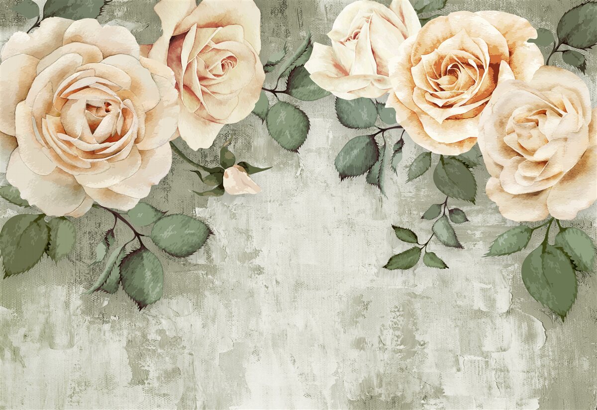 Fotobehang crèmekleurige rozen met grote groene bladeren