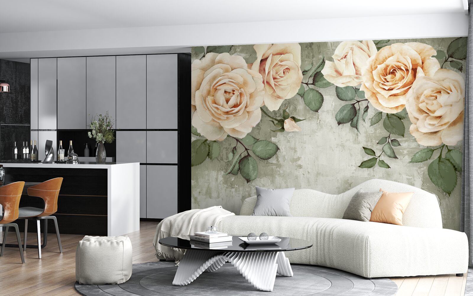 Fotobehang crèmekleurige rozen met grote groene bladeren