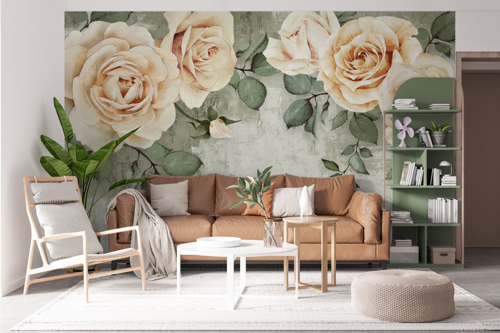 Fotobehang crèmekleurige rozen met grote groene bladeren