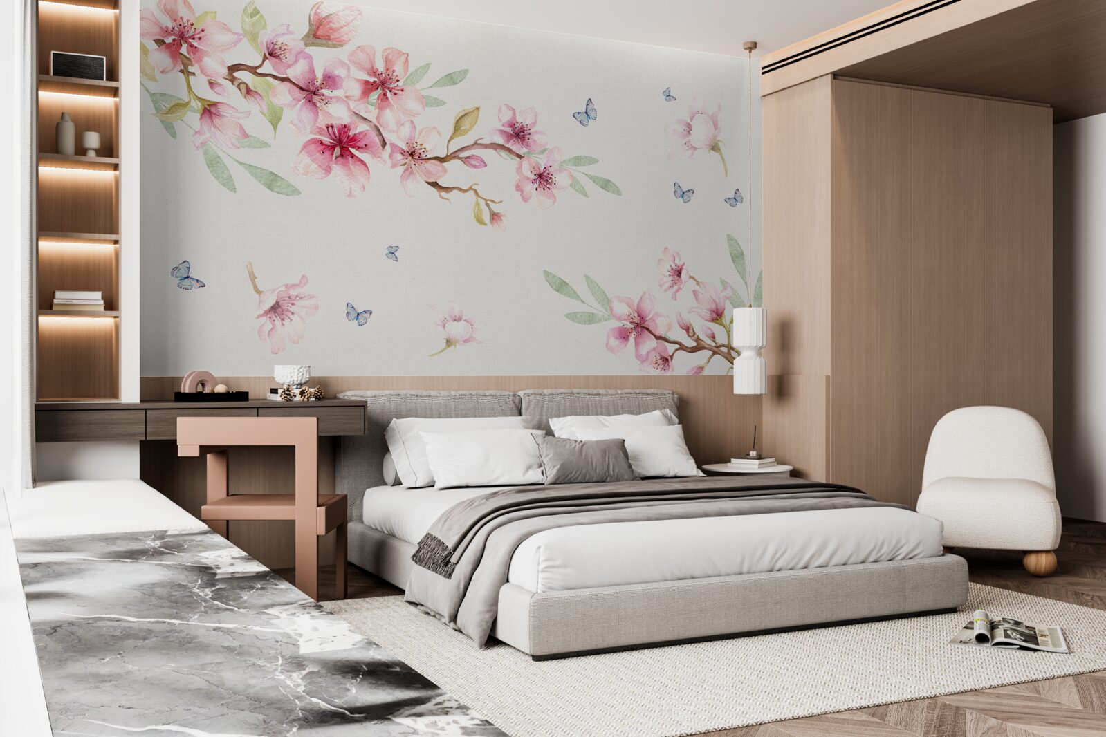 Fotobehang vlinders vliegen rond takken met bloemen