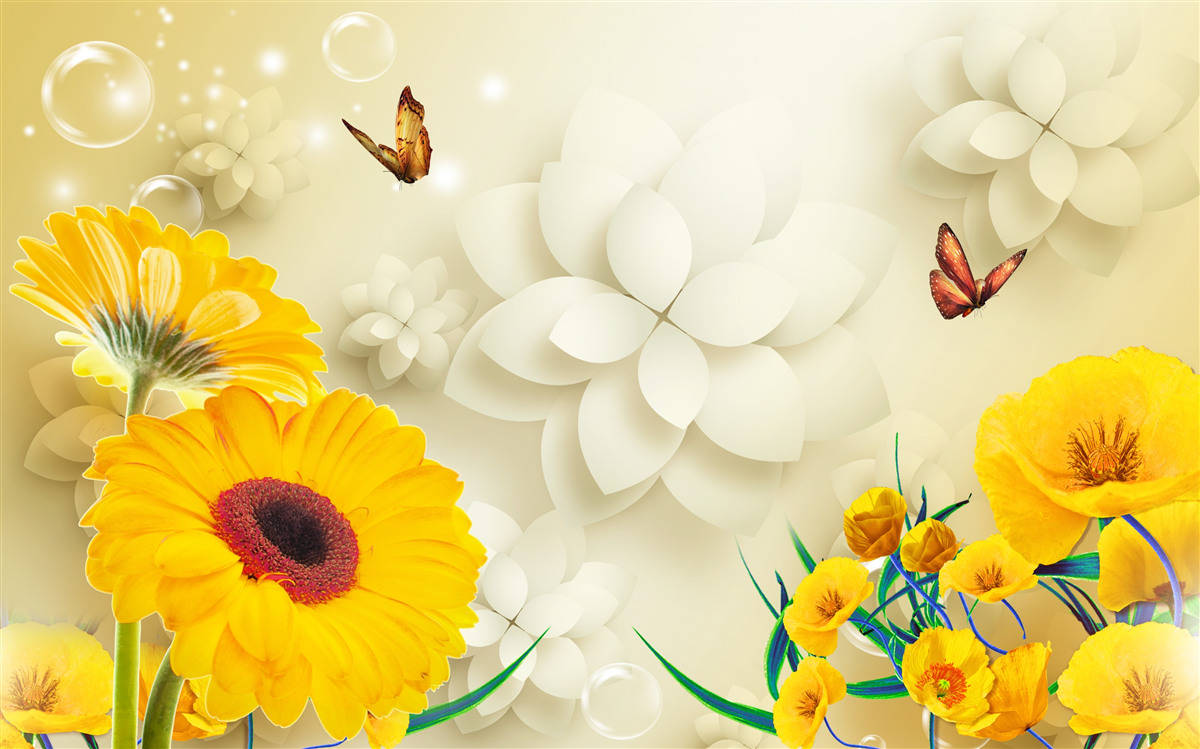 Fotobehang vlinders vliegen over oranje bloemen