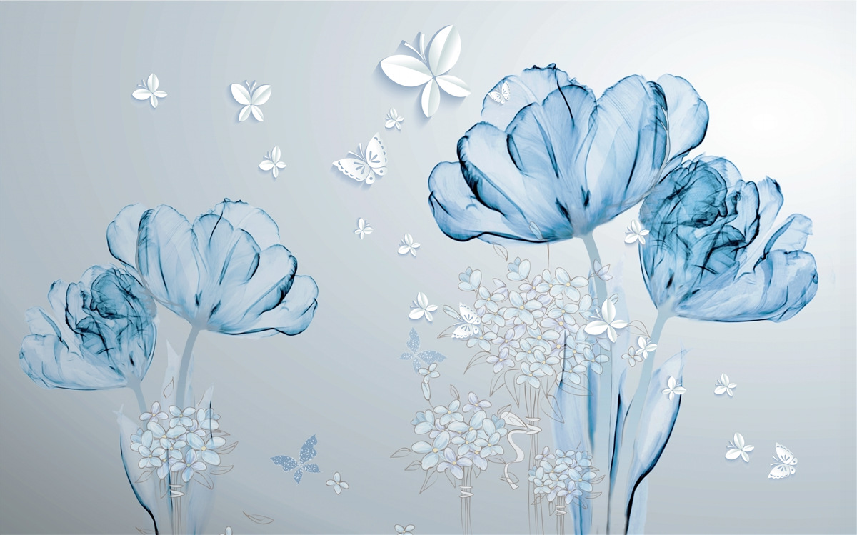 Fotobehang blauwe bloemen en heldere vlinders