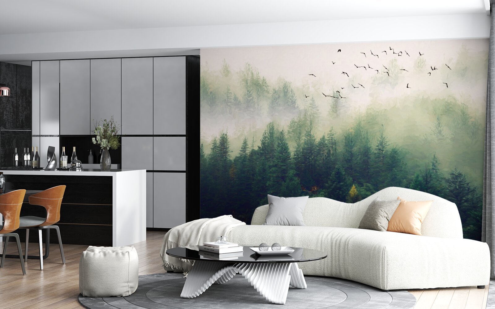 Fotobehang vogels vliegen over het bos in de mistige lucht