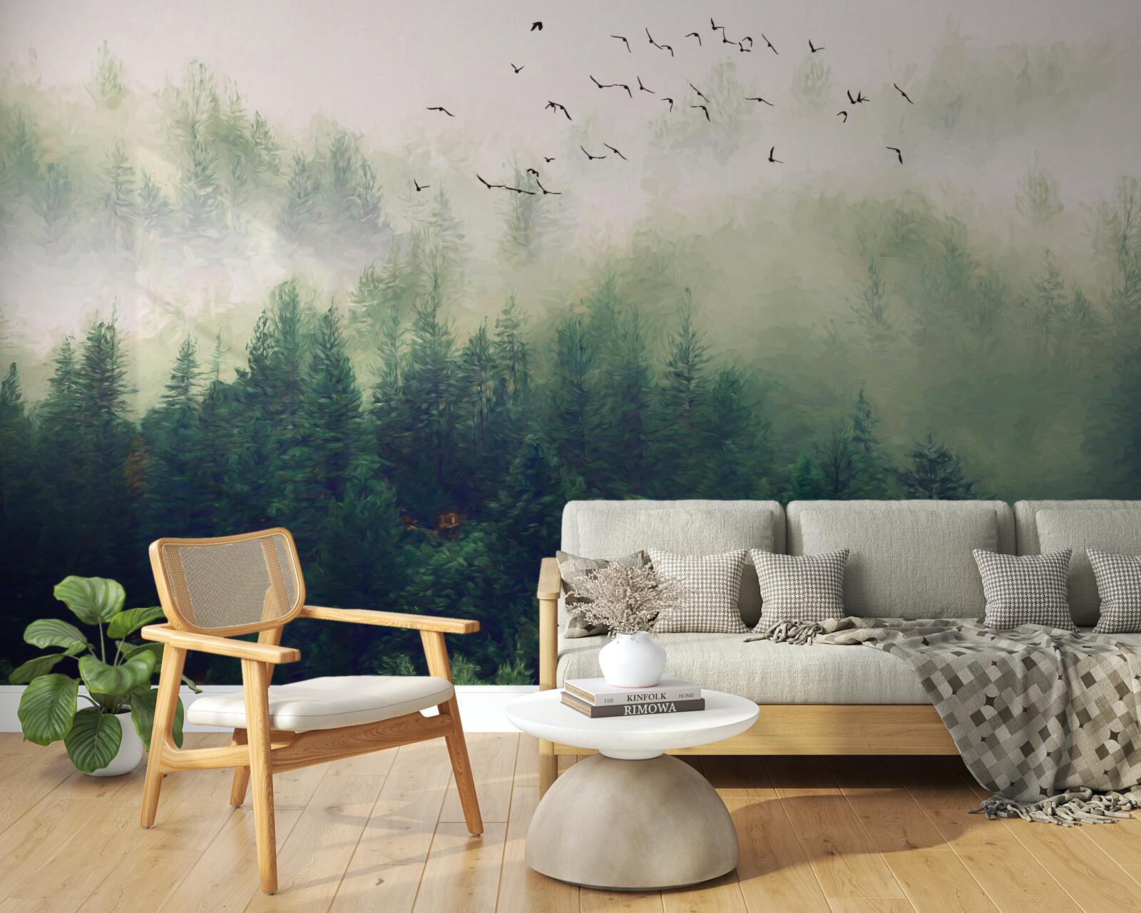 Fotobehang vogels vliegen over het bos in de mistige lucht