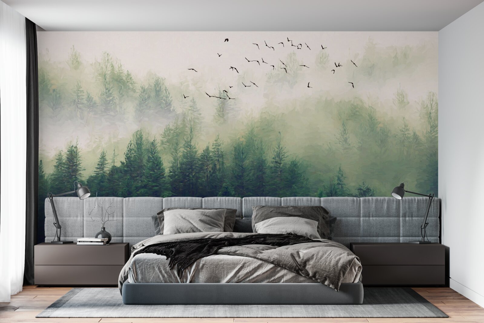 Fotobehang vogels vliegen over het bos in de mistige lucht