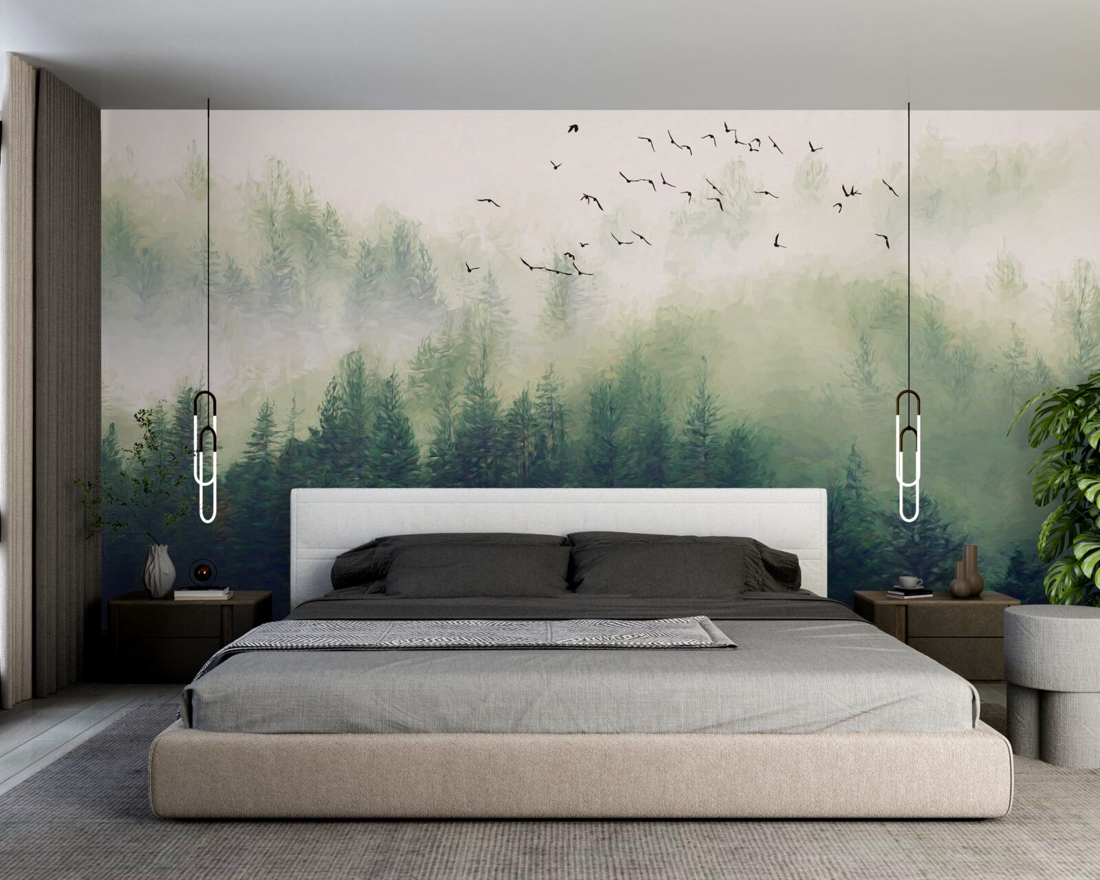 Fotobehang vogels vliegen over het bos in de mistige lucht