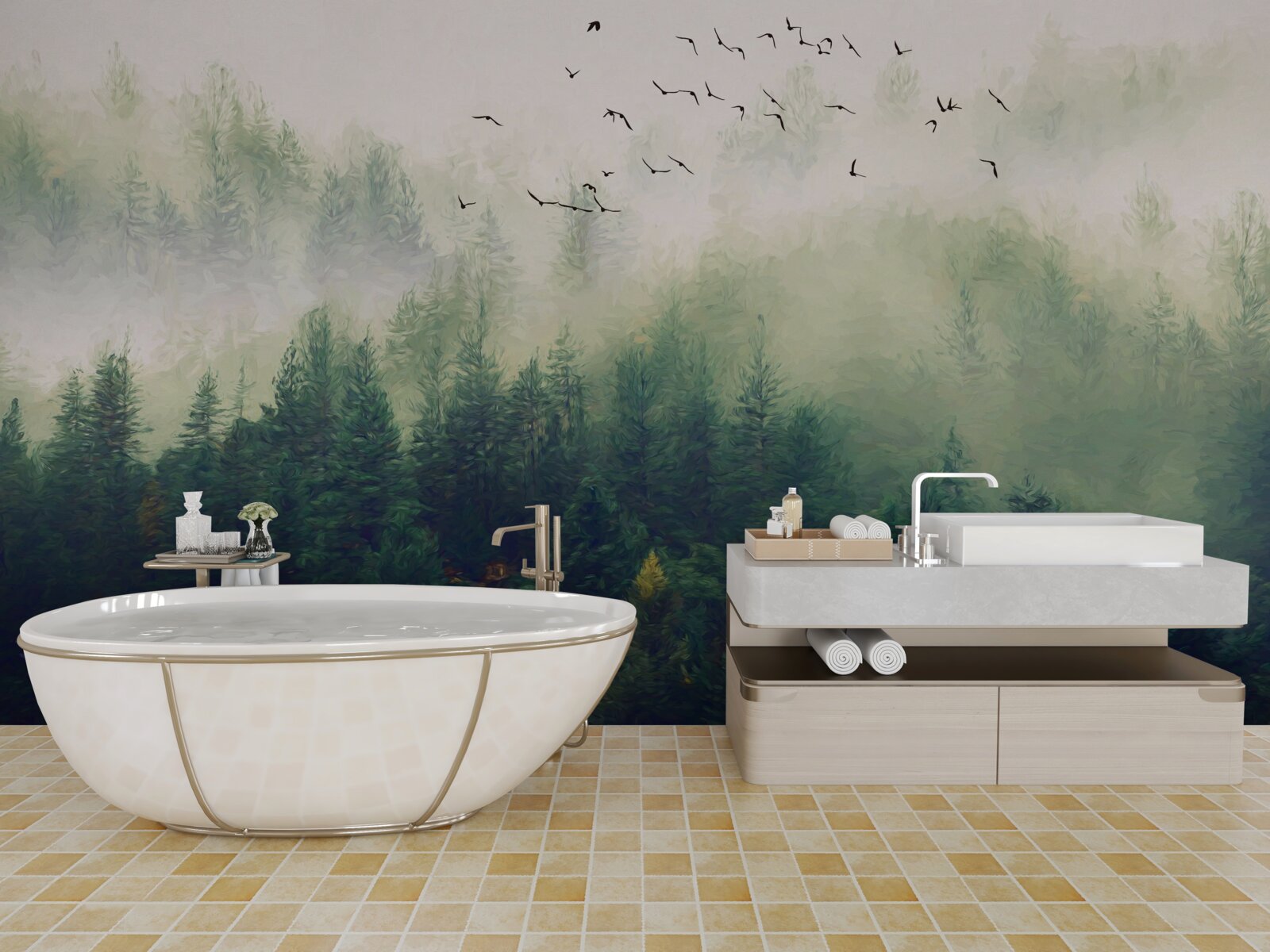 Fotobehang vogels vliegen over het bos in de mistige lucht