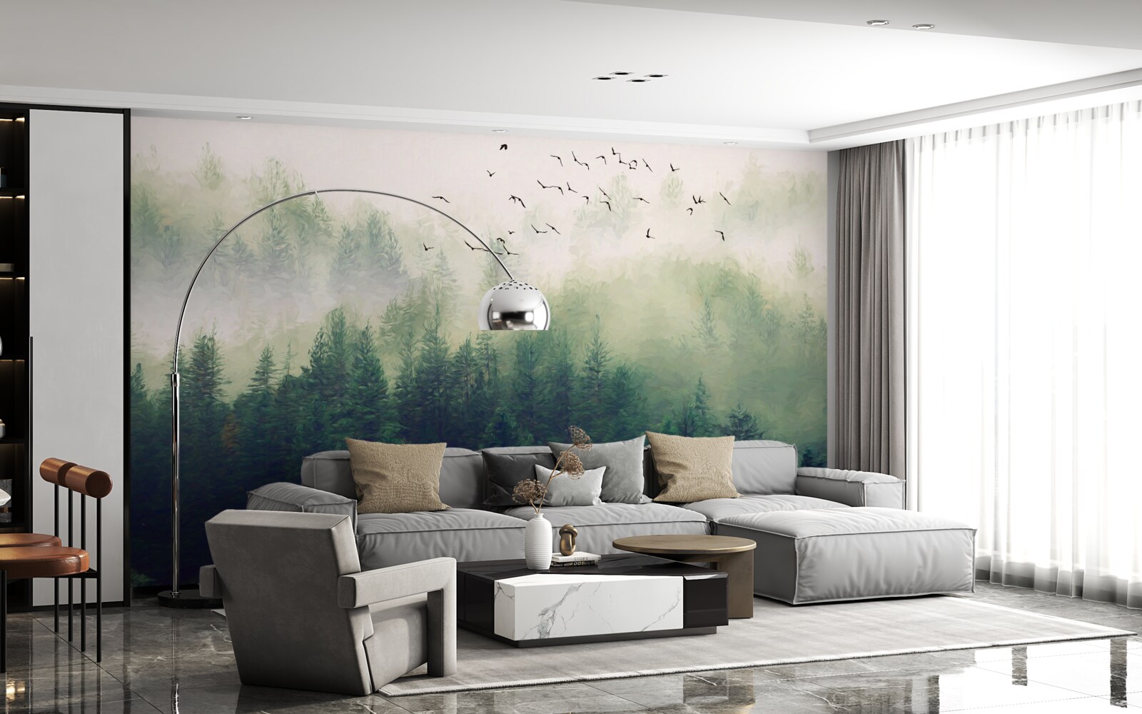 Fotobehang vogels vliegen over het bos in de mistige lucht