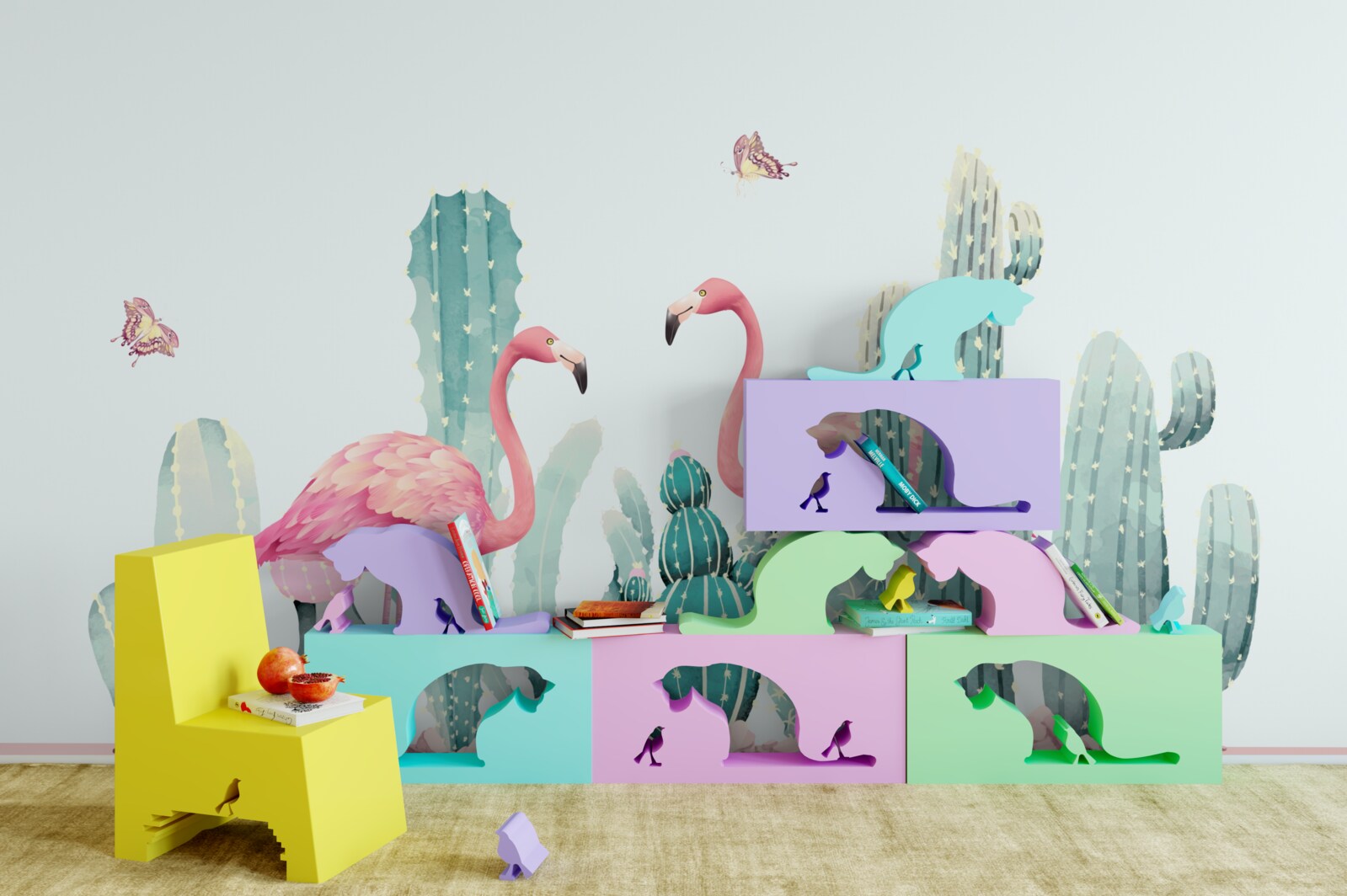 Fotobehang roze flamingo's tussen cactussen