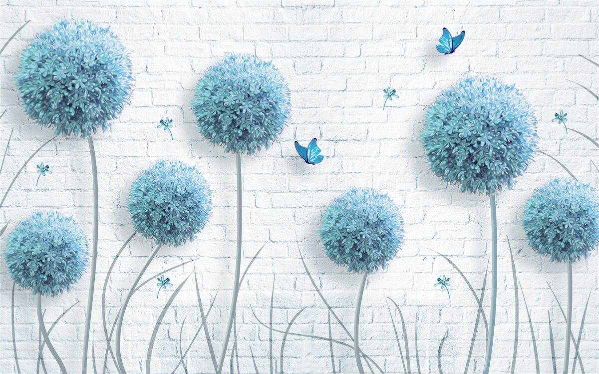 Fotobehang blauwe ronde bloemen op een witte muur