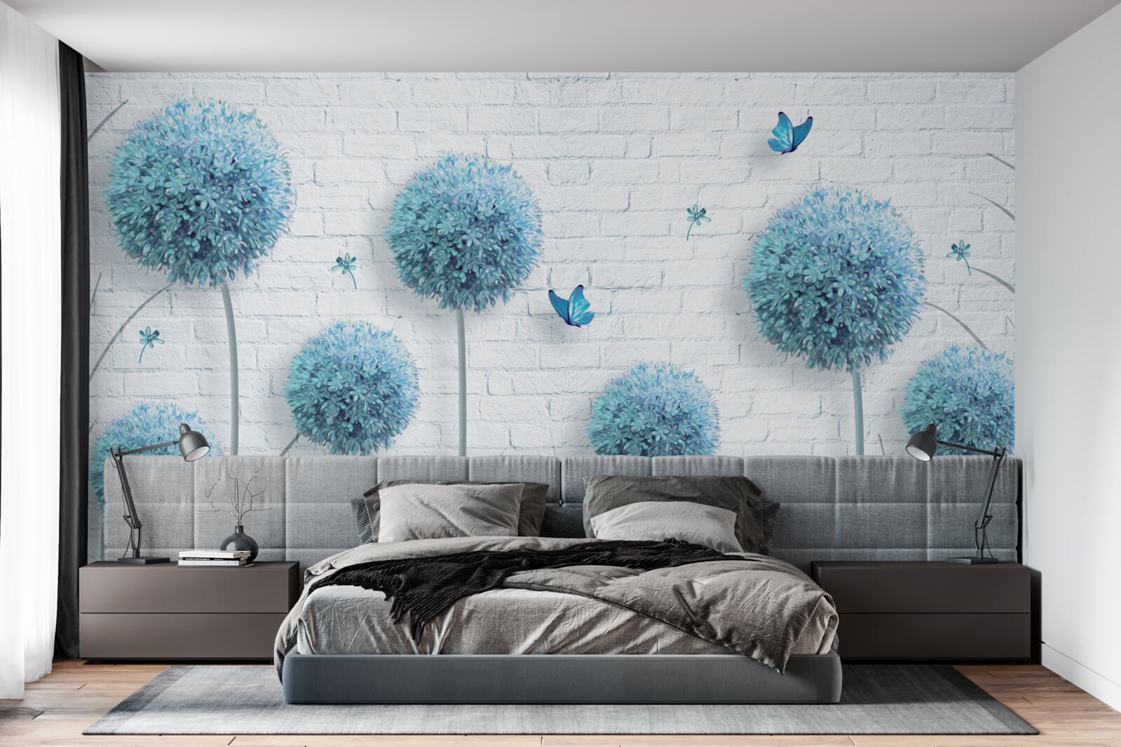 Fotobehang blauwe ronde bloemen op een witte muur