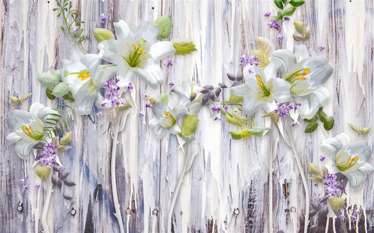 Fotobehang witte lelies steken af tegen alle soorten bloemen