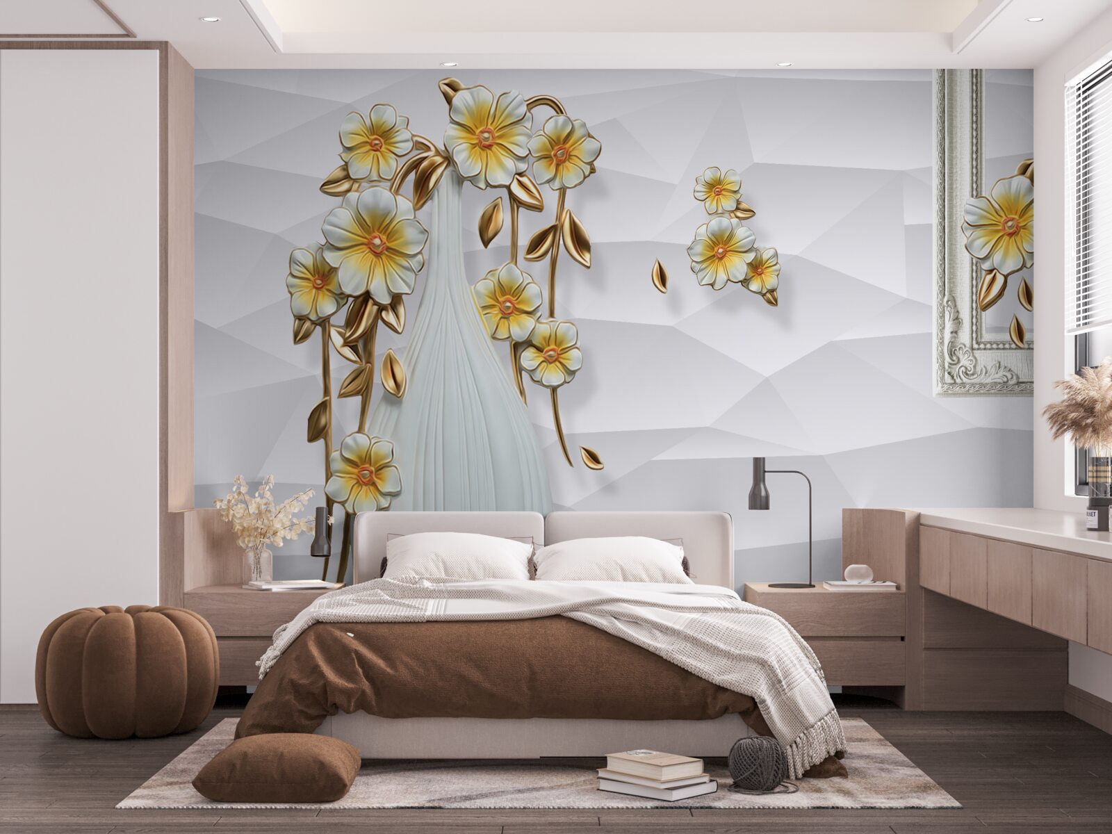Fotobehang hoge, heldere vaas met bloemen