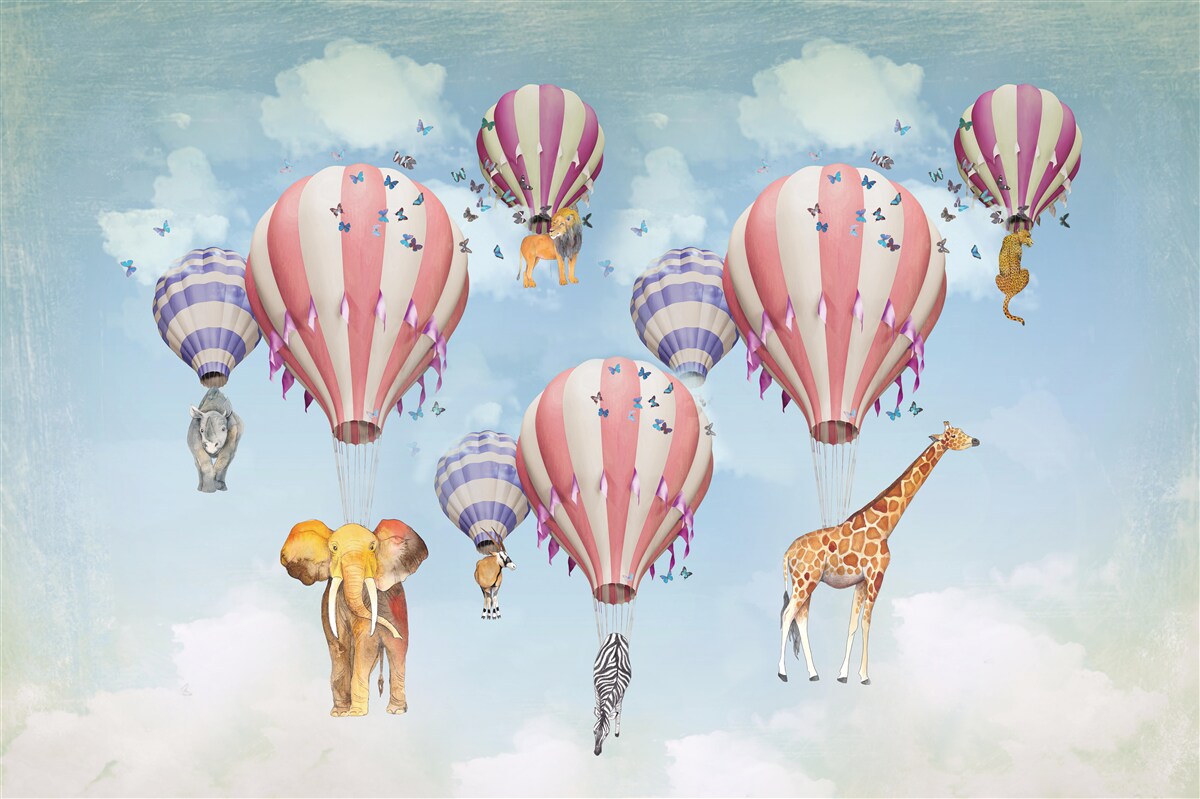 Fotobehang dieren zijn aan de ballonnen bevestigd