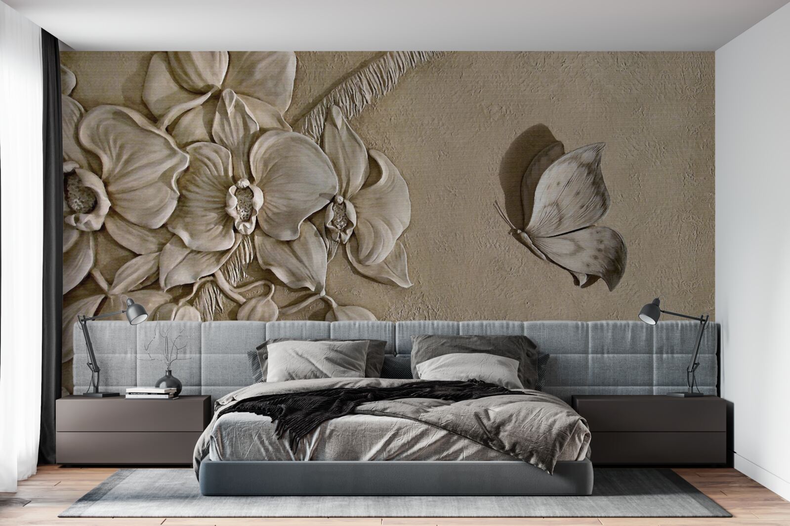 Fotobehang bloemen en vlinders 3d