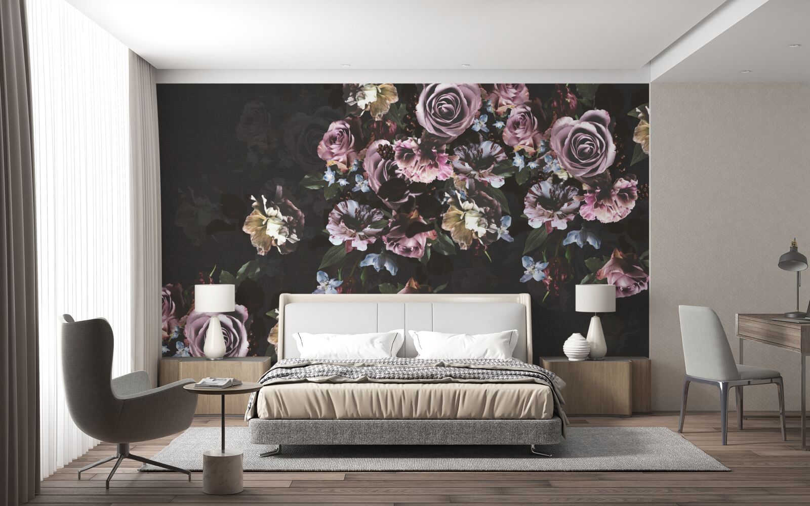 Fotobehang roze bloemen op zwarte achtergrond