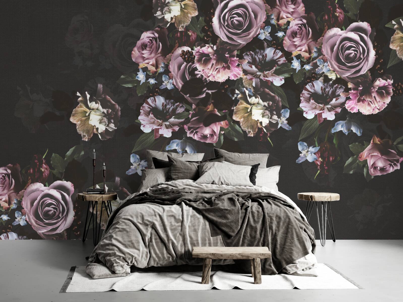 Fotobehang roze bloemen op zwarte achtergrond