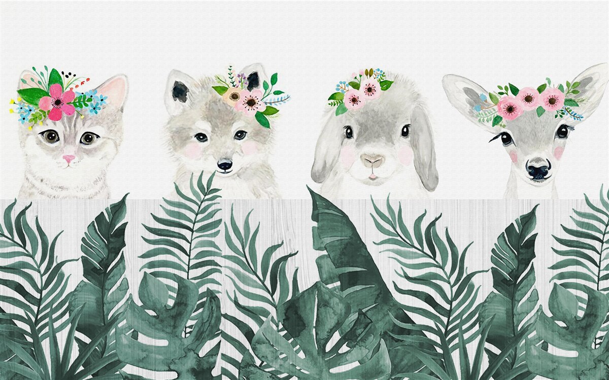Fotobehang dierengezichten met bloemen