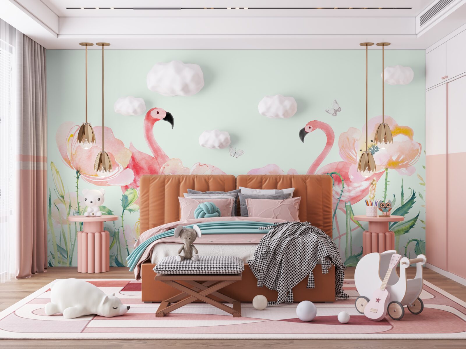 Fotobehang roze flamingo tussen bijpassende bloemen