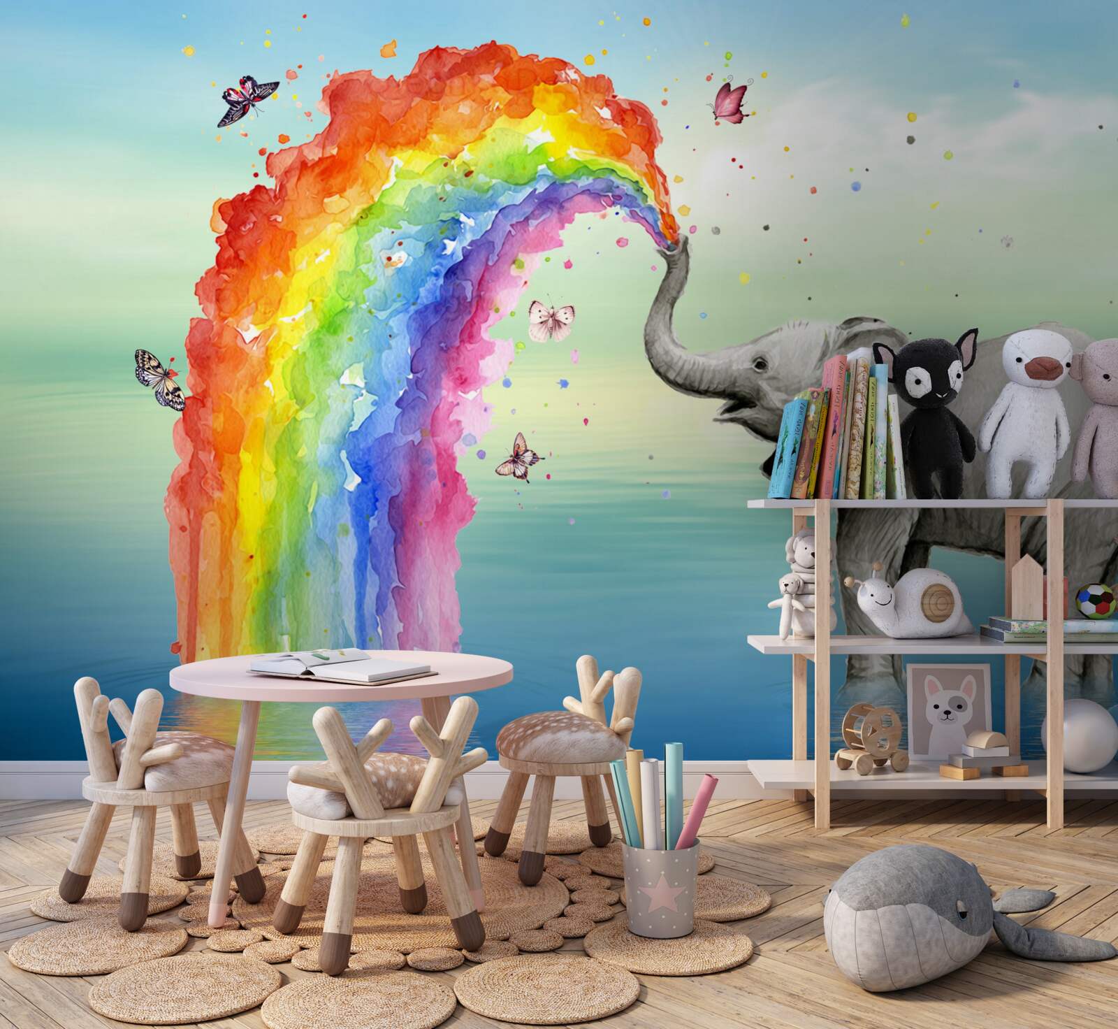 Fotobehang een regenboog vliegt uit de slurf van een olifant