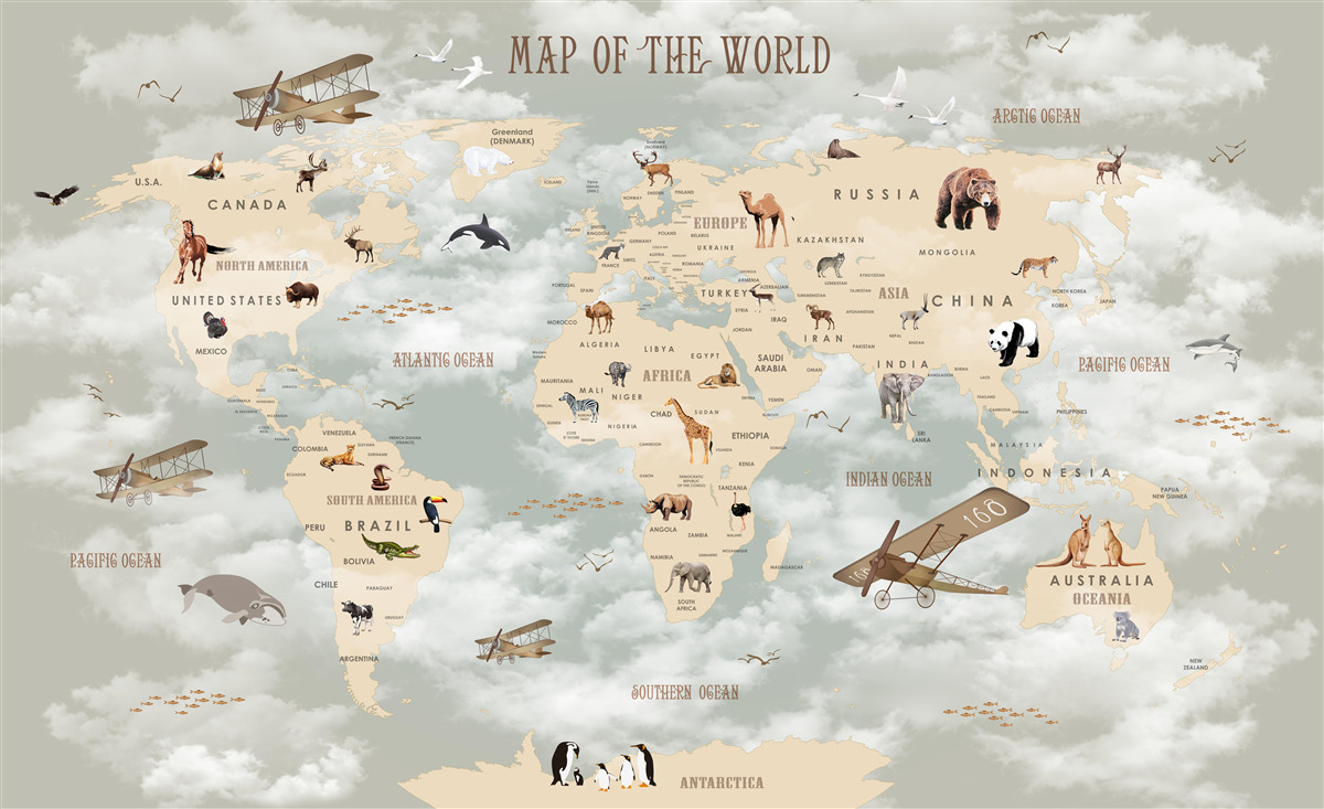 Fotobehang wereldkaart met dieren en transport