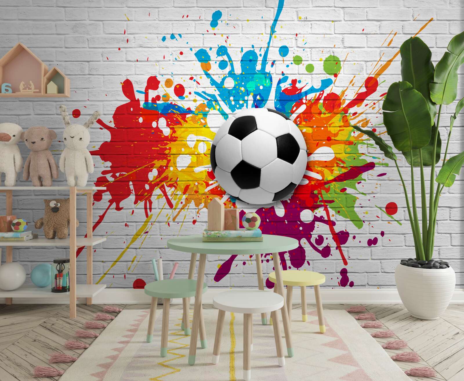 Fotobehang er is een voetbal op de bakstenen muur