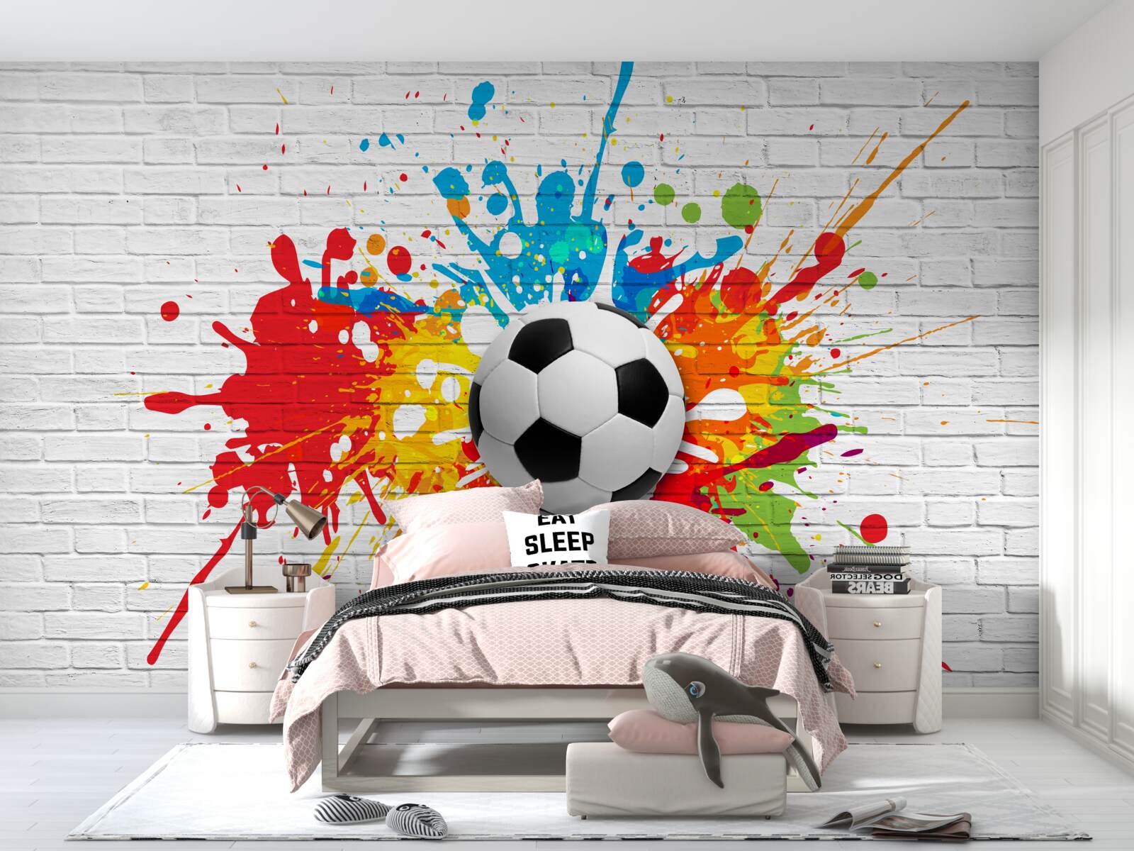 Fotobehang er is een voetbal op de bakstenen muur