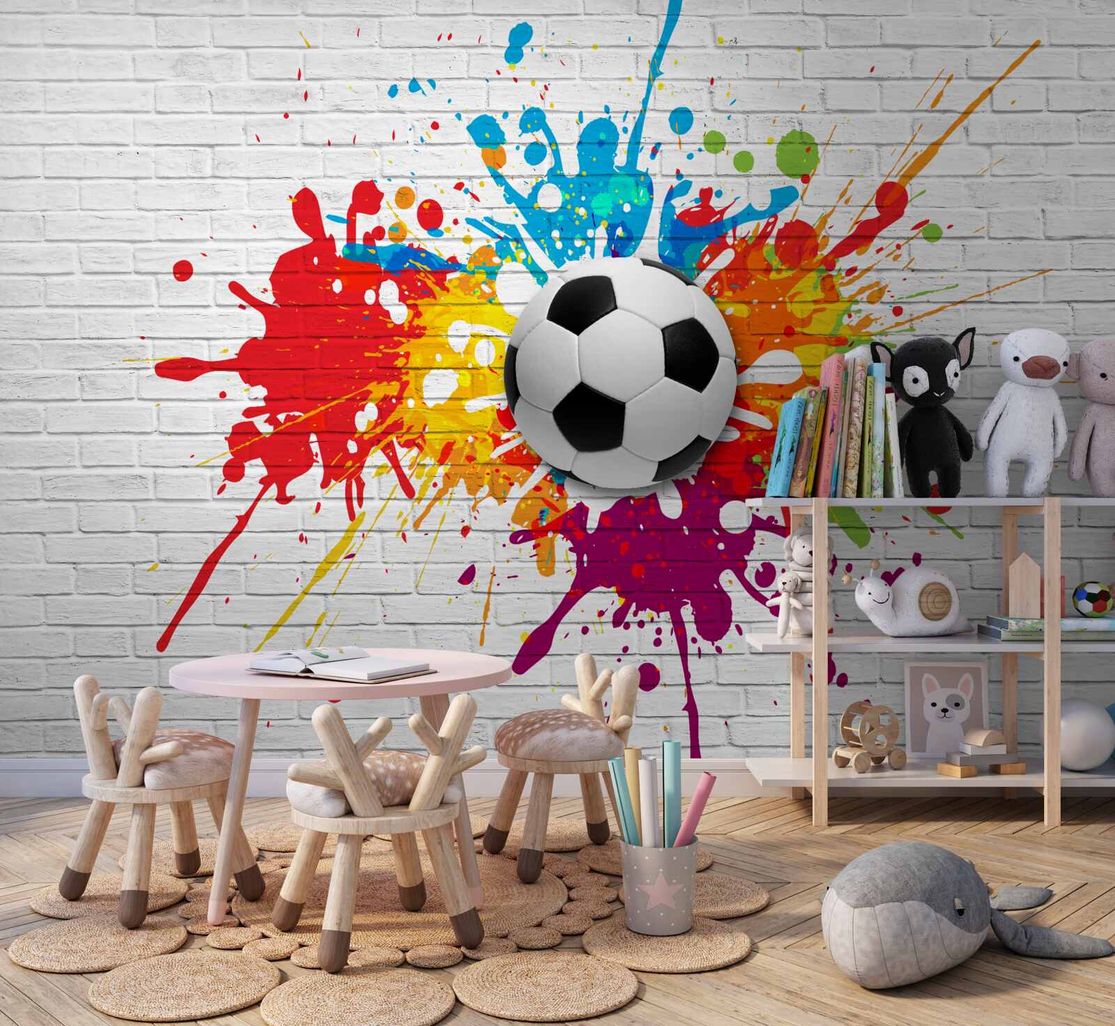 Fotobehang er is een voetbal op de bakstenen muur