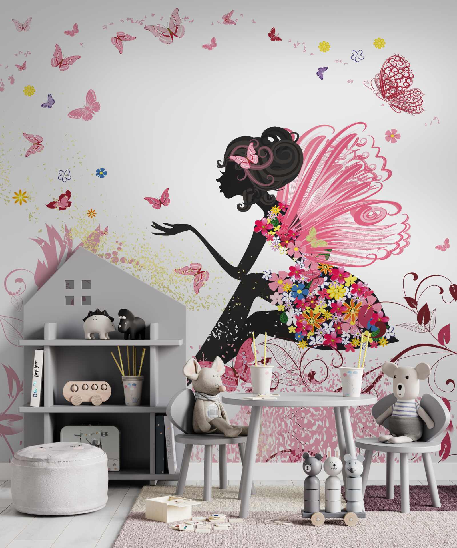 Fotobehang beeld van een meisje omringd door vlinders en bloemen