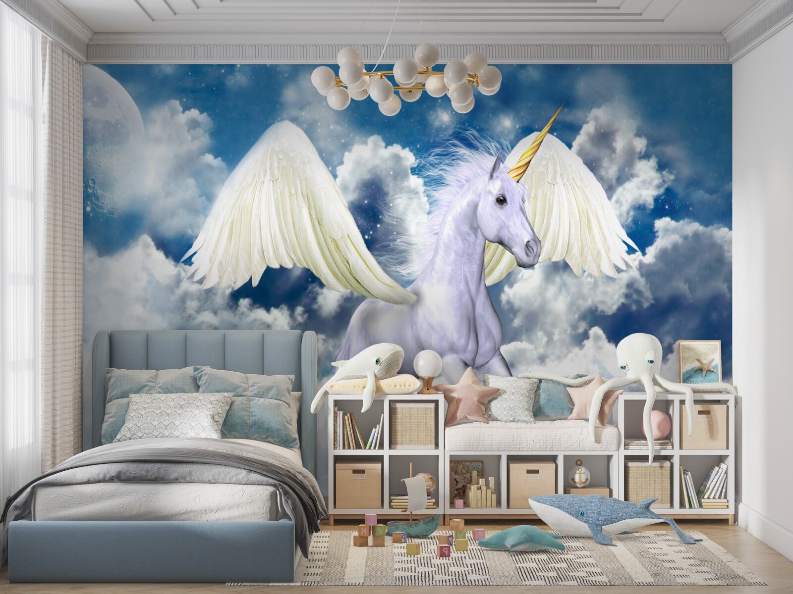 Fotobehang pegasus vliegend tussen de wolken