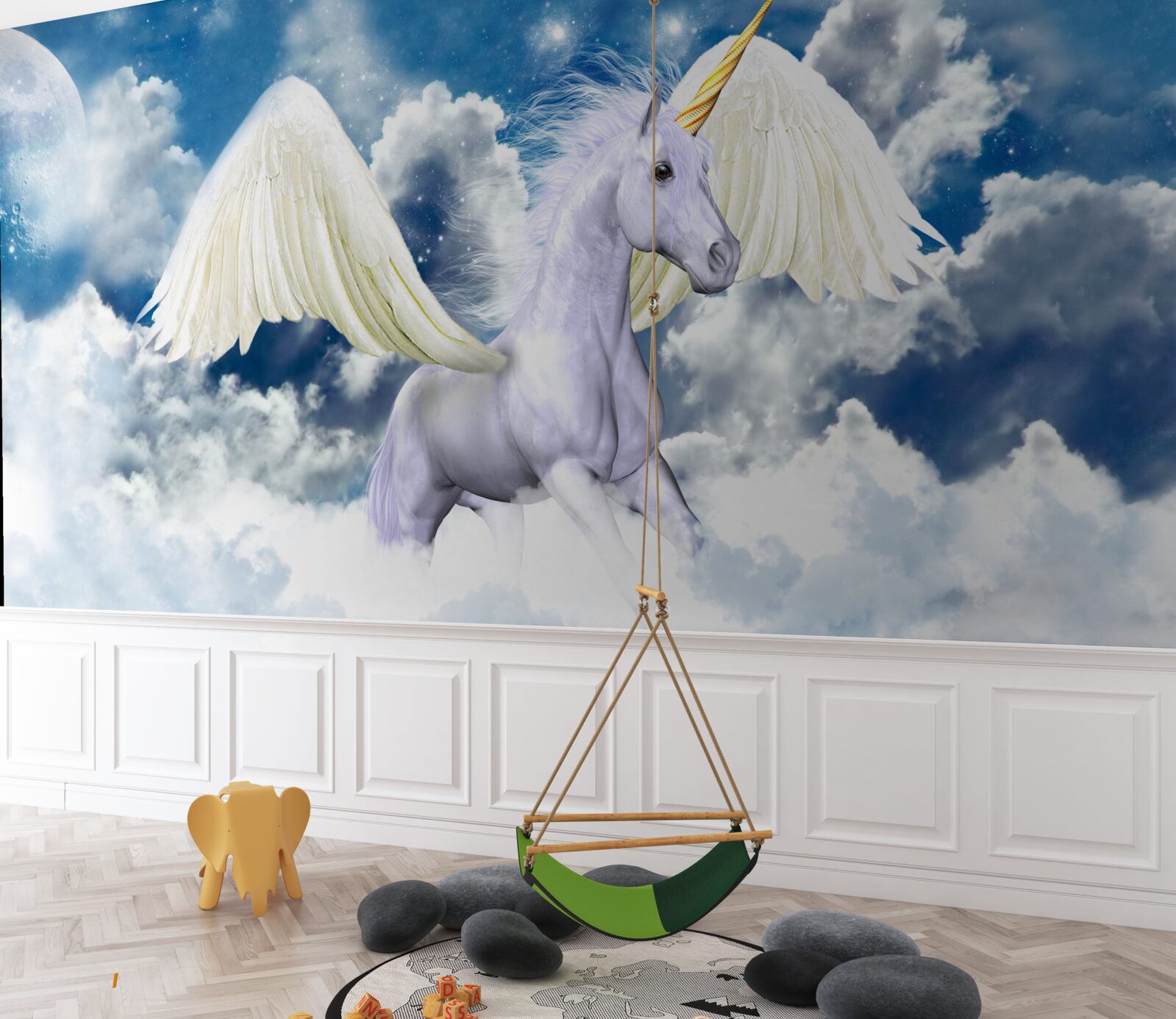 Fotobehang pegasus vliegend tussen de wolken