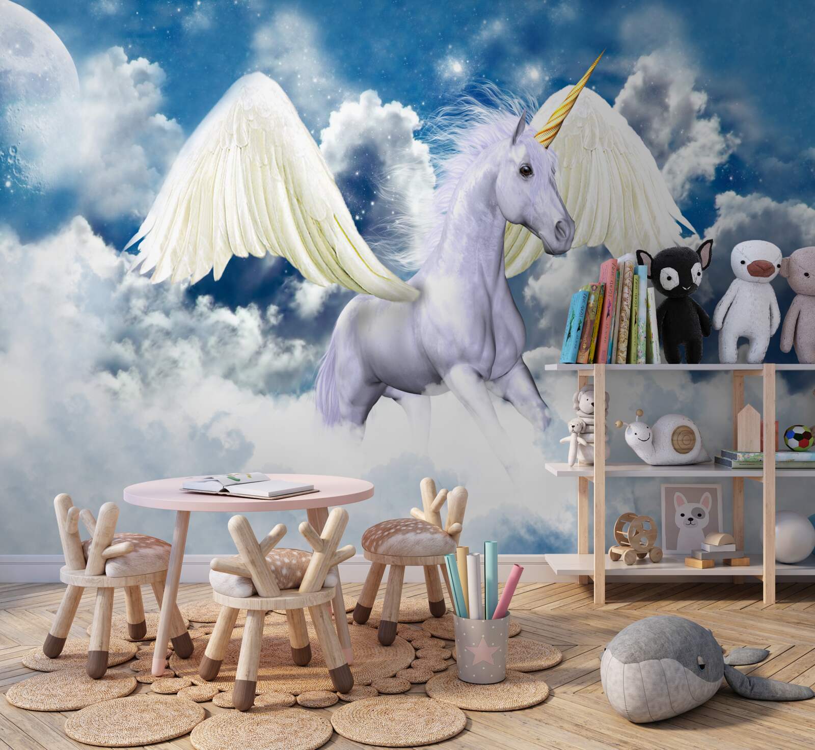 Fotobehang pegasus vliegend tussen de wolken