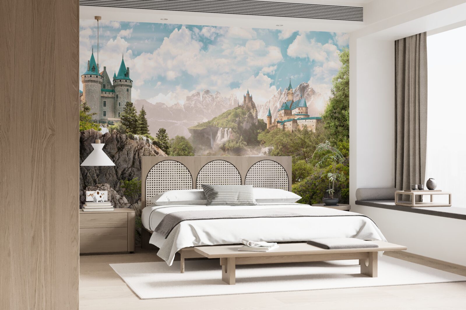 Fotobehang uitzicht met kastelen en waterval
