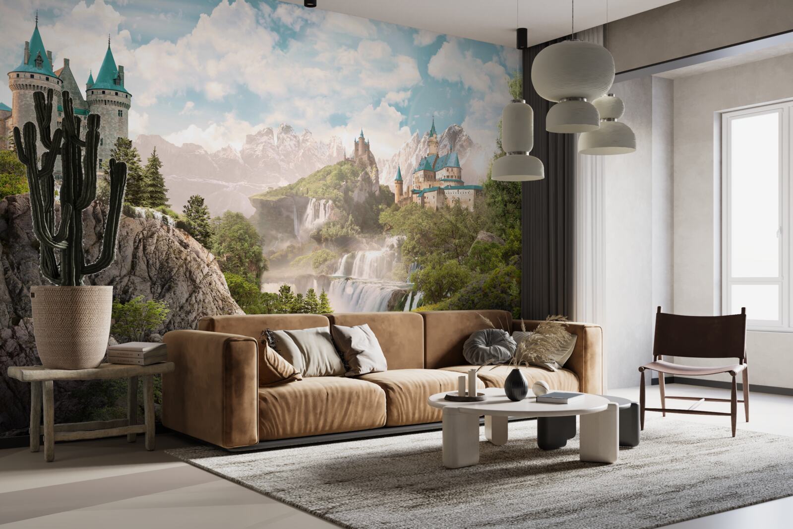 Fotobehang uitzicht met kastelen en waterval