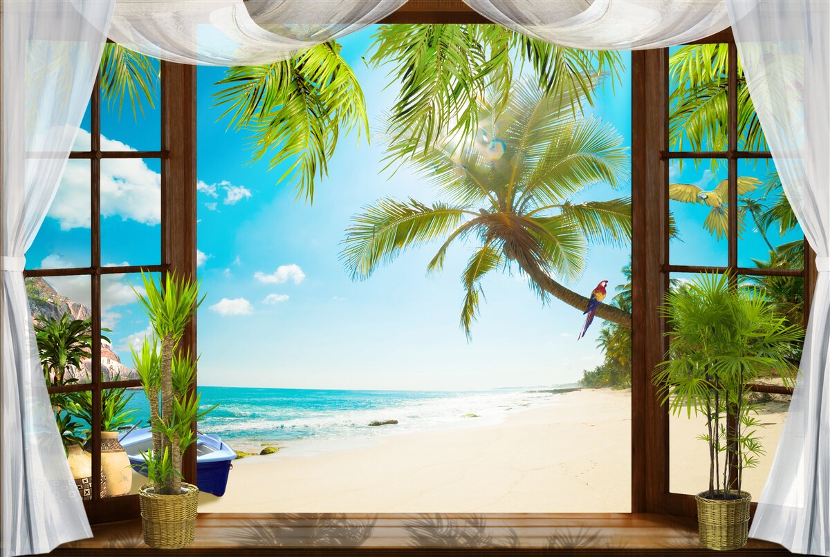 Fotobehang uitgang van het huis naar het zandstrand