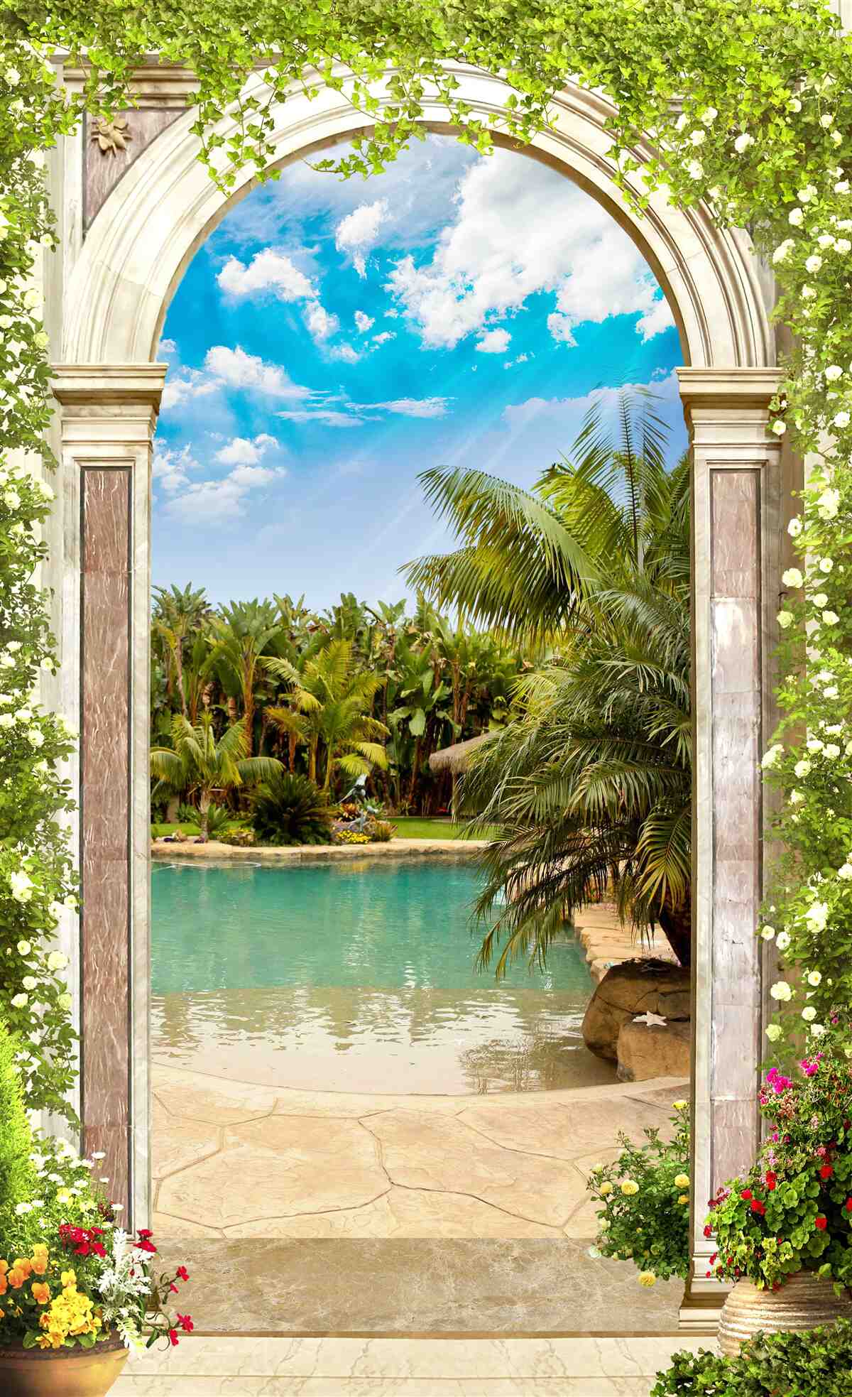 Fotobehang uitzicht op water en palmbomen door de boog