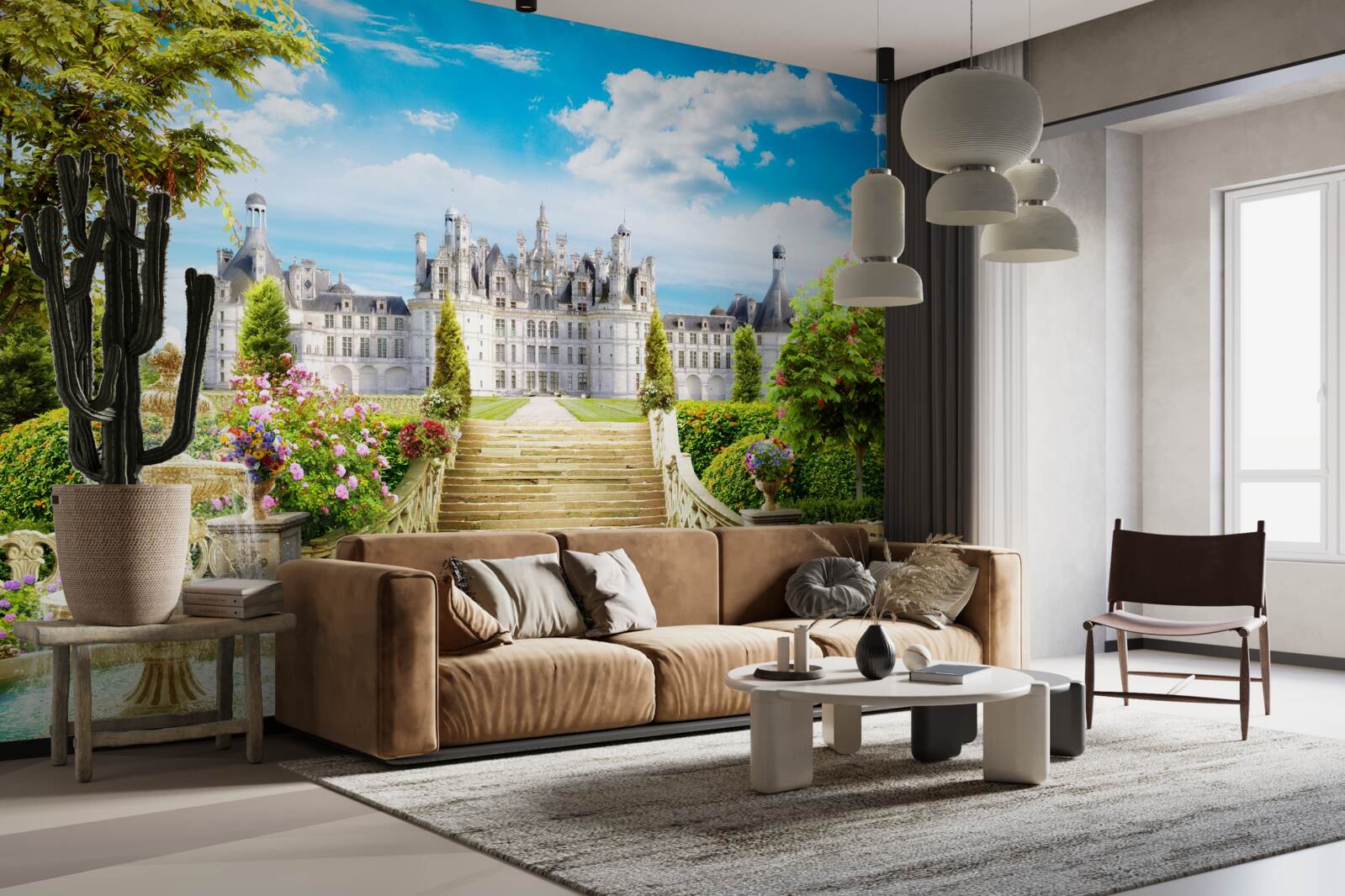 Fotobehang trappen naar het gazon bij het kasteel