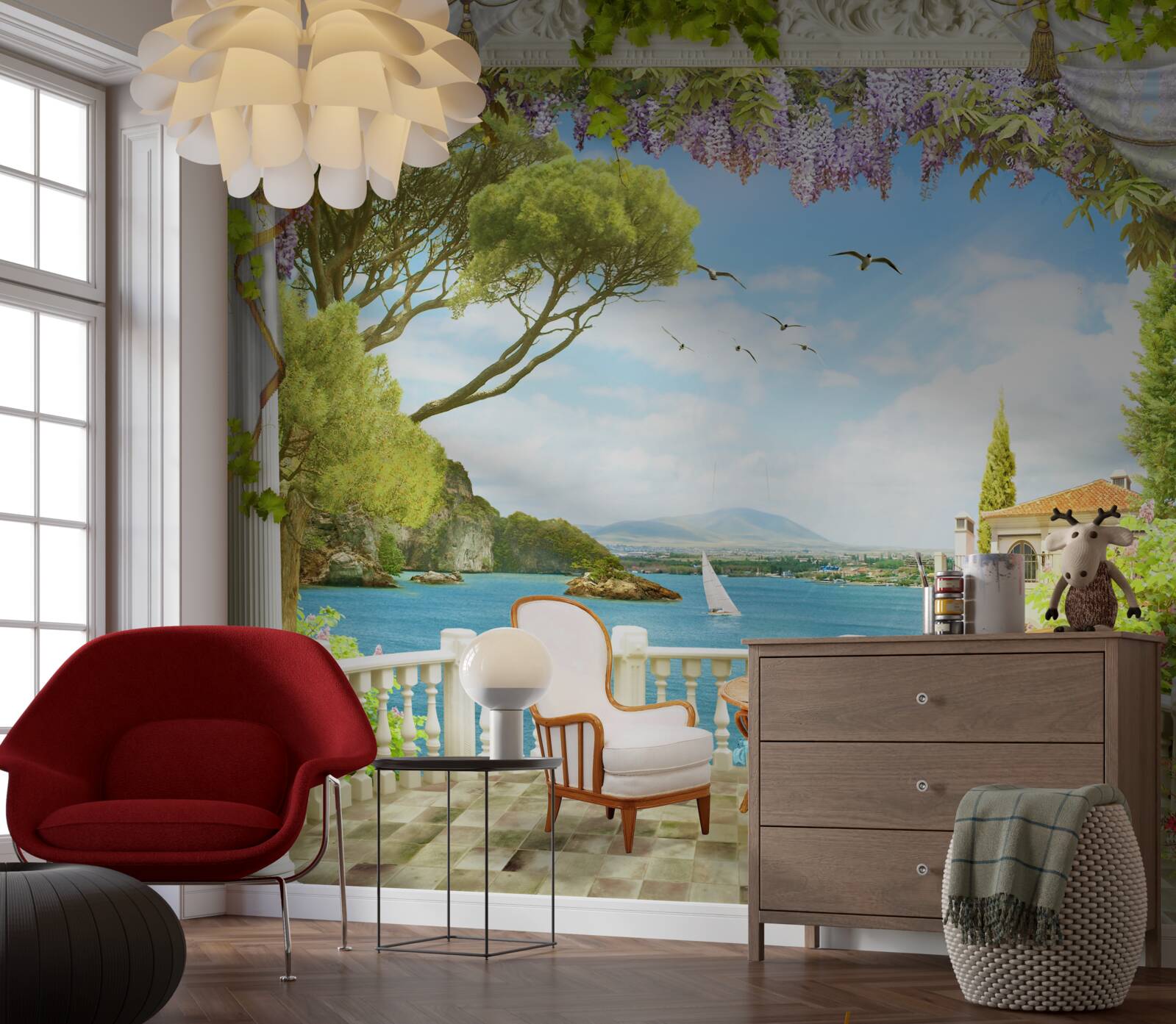 Fotobehang een paar stoelen met een tafel en uitzicht op de oceaan
