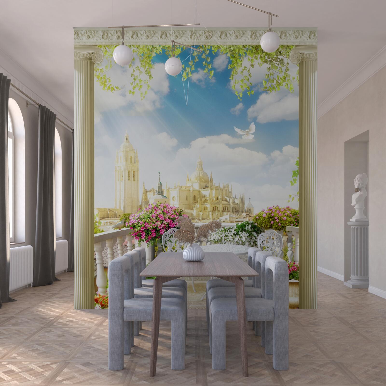 Fotobehang terras met een prachtig uitzicht op historische gebouwen