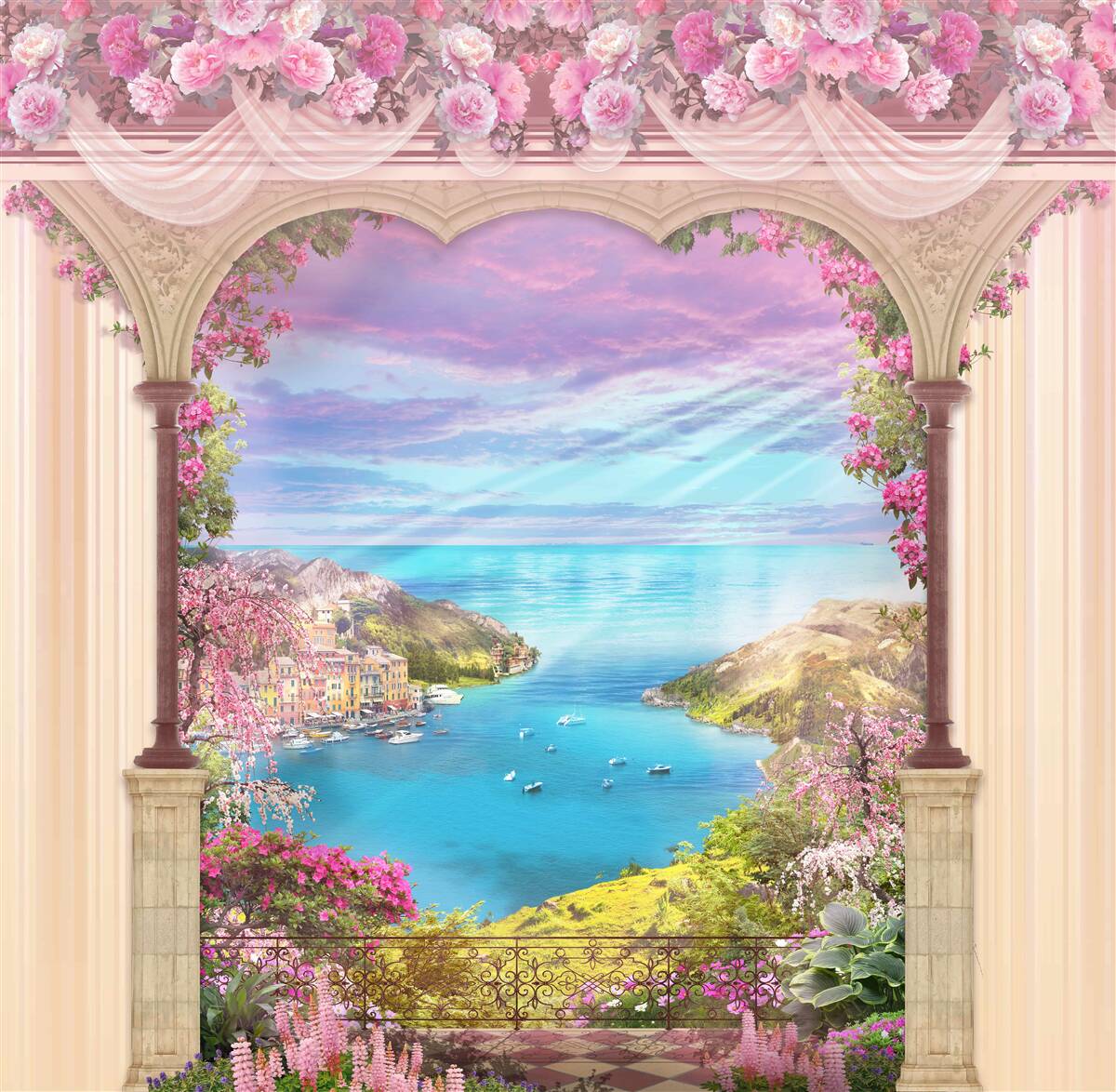Fotobehang boog versierd met roze bloemen