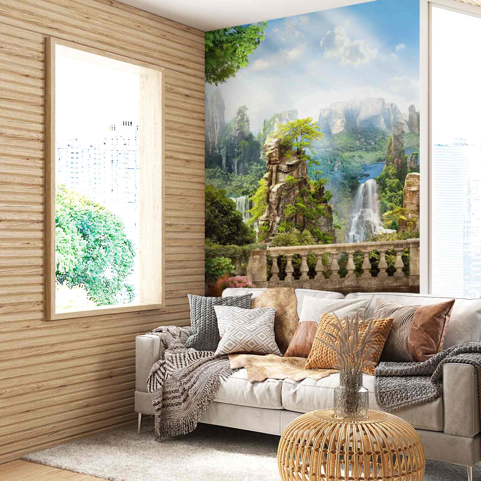 Fotobehang rotsen bezaaid met bomen