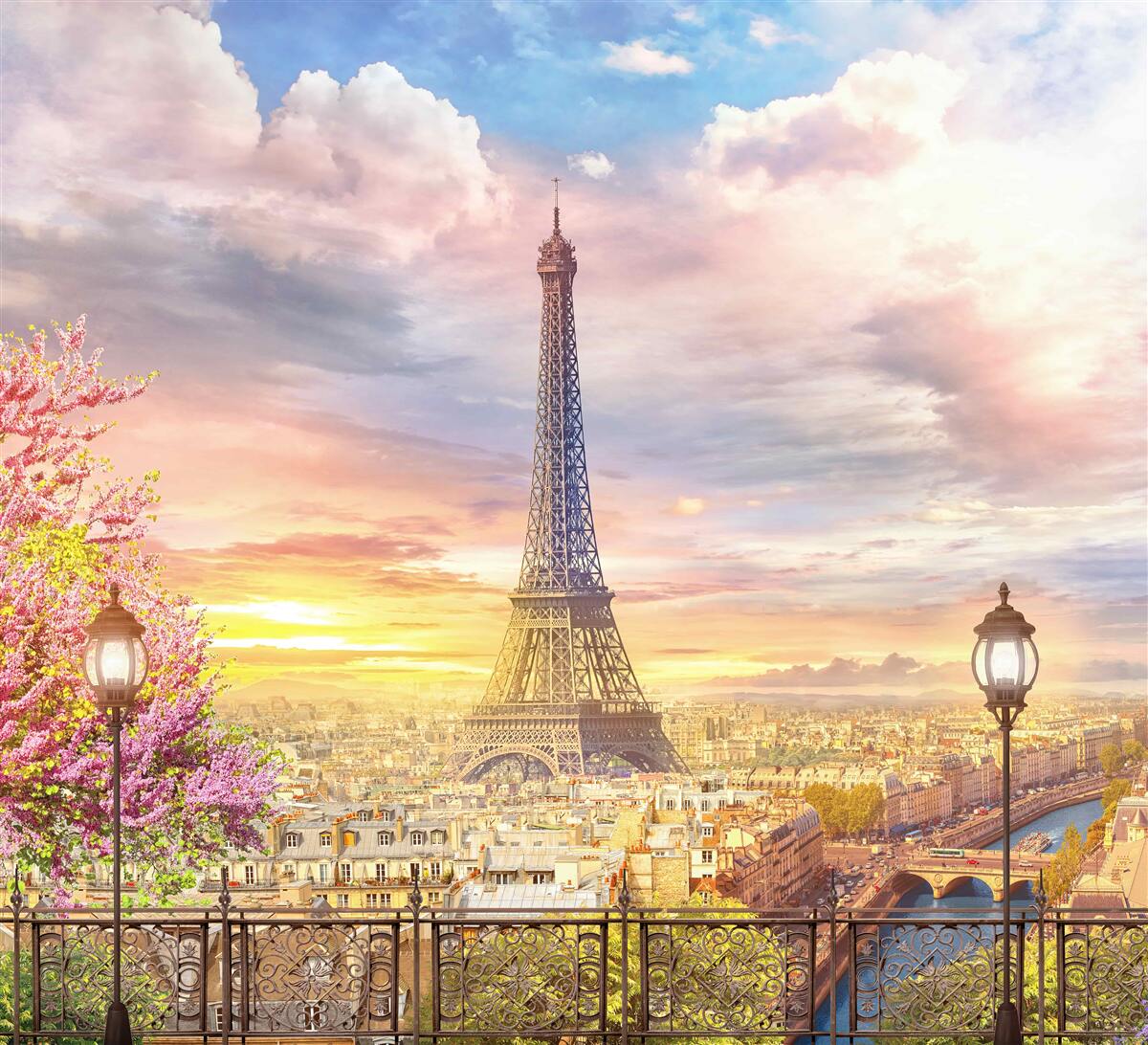 Fotobehang bewolkt panorama van de eiffeltoren