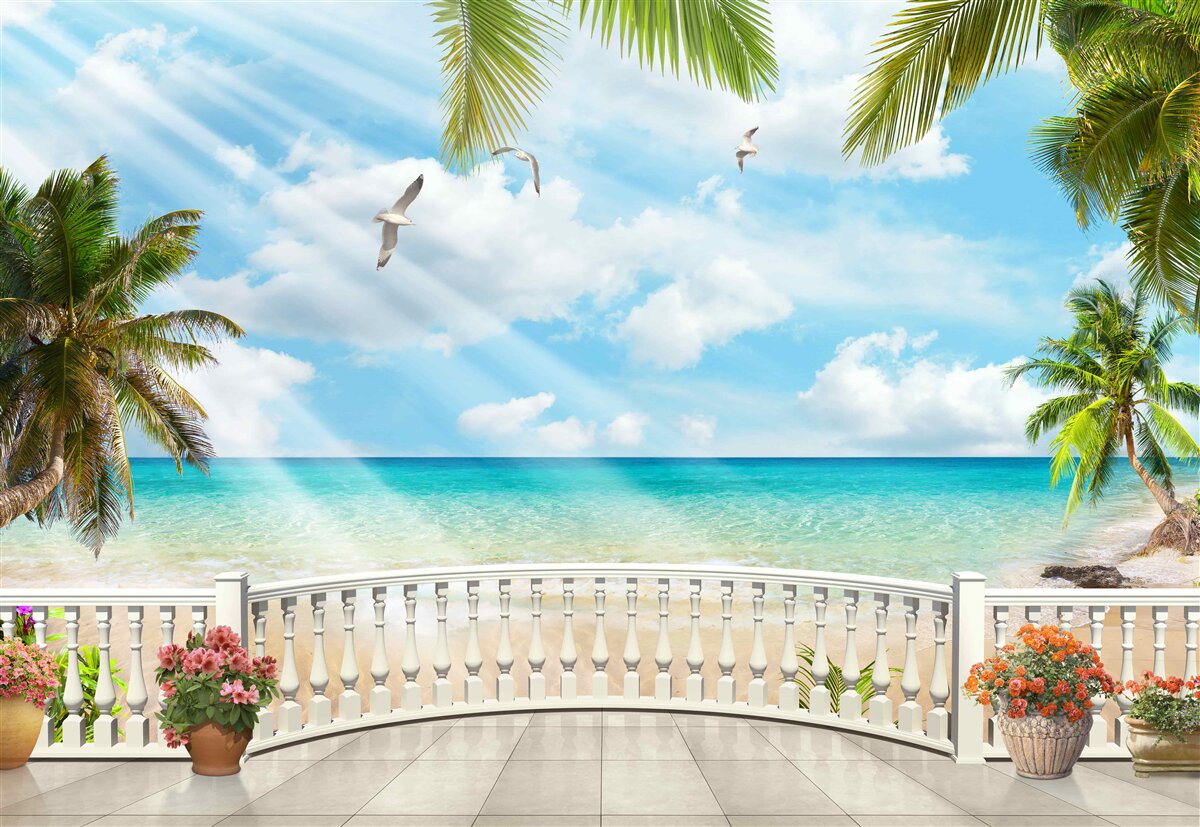 Fotobehang loggia met zeezicht