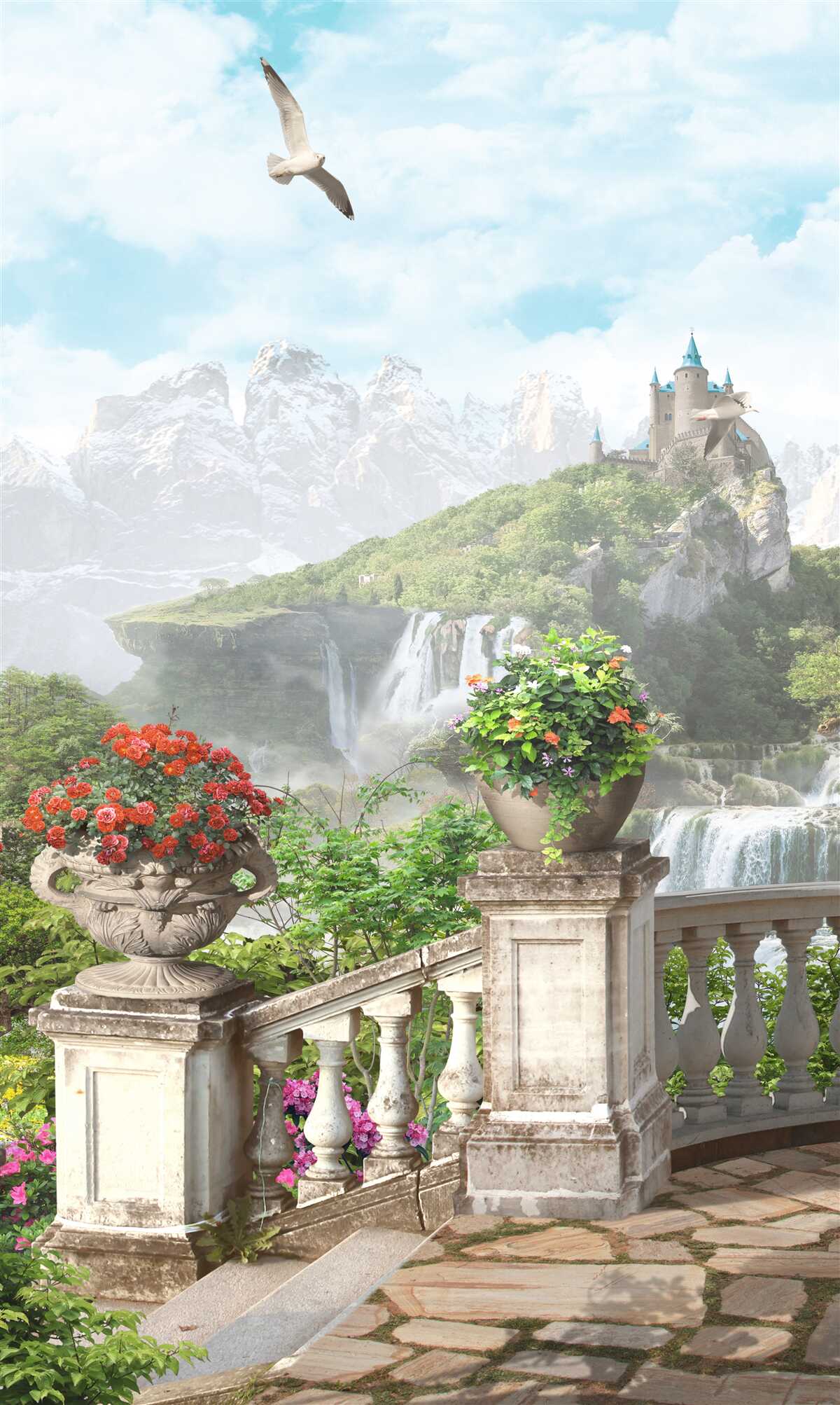 Fotobehang balkon met bloemen met uitzicht op de waterval en het kasteel