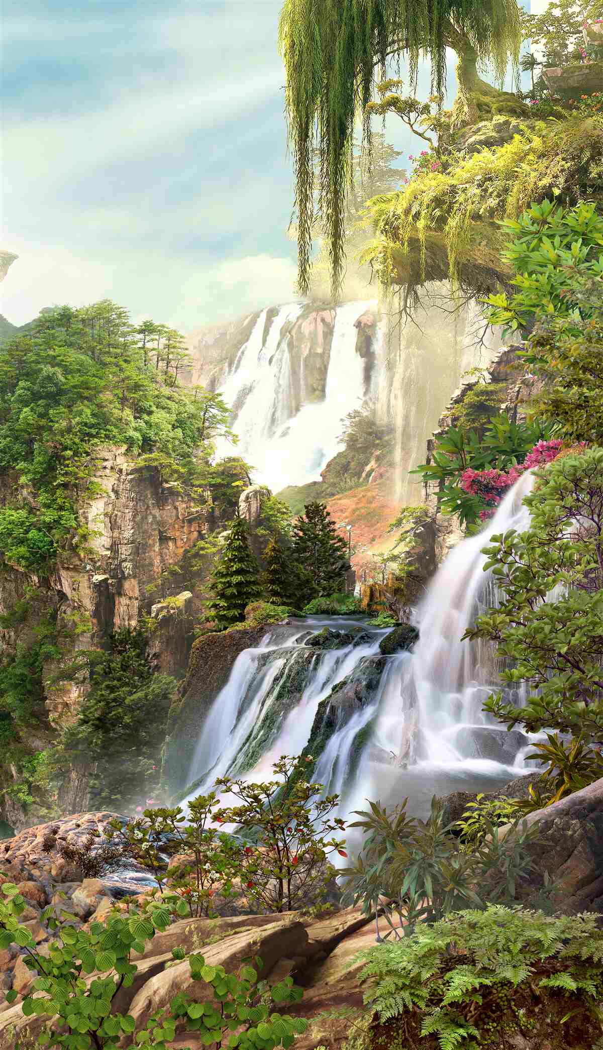 Fotobehang groen omringt de watervallen